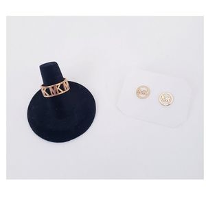 NEW MK Logo Gold Stainless Steel Laser Stud Earrings & Band Ring